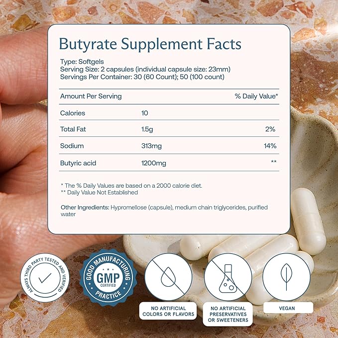 BodyBio Butyrate - Postbiotic for Gut Health Digestive Support Bloat Gas &amp Constipation Relief Leaky Gut Repair - Sodium + Butyric Acid Supplement for GI Wellness