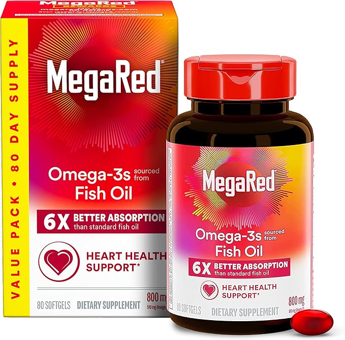 MegaRed Advanced 6X Absorption Softgels - Omega-3 Fish Oil Supplement 800mg (80 Count in A Box) EPA DHA Fish Oil Supports Heart Brain Joints &amp Eyes