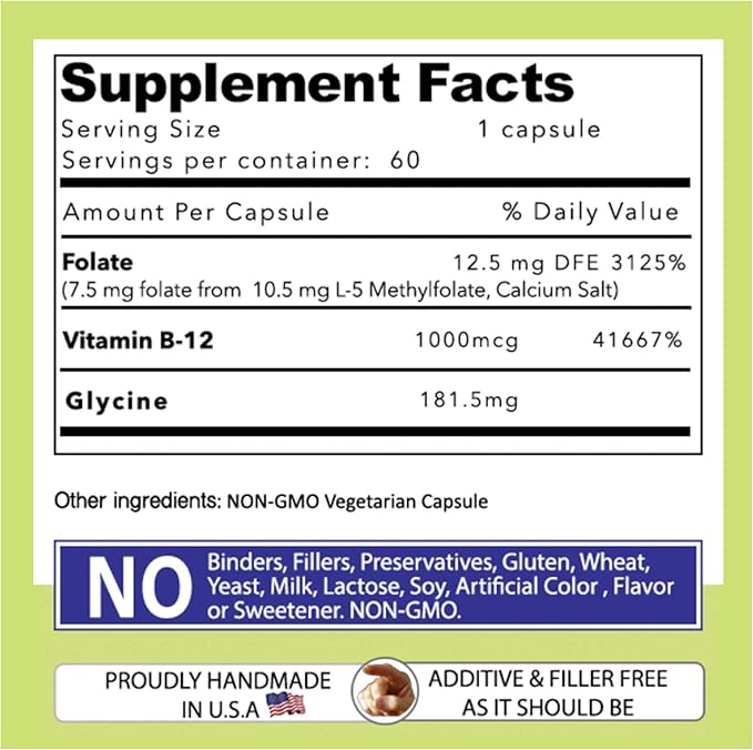 L-Methylfolate 7.5 mg N B 12 1000 mcg 60 Capsules - Methylated Glycine - Boost Mood Energy &amp Memory - Immune Support &amp VItamin Supplement for Men &amp Women - Non-GMO Vegetarian Capsules