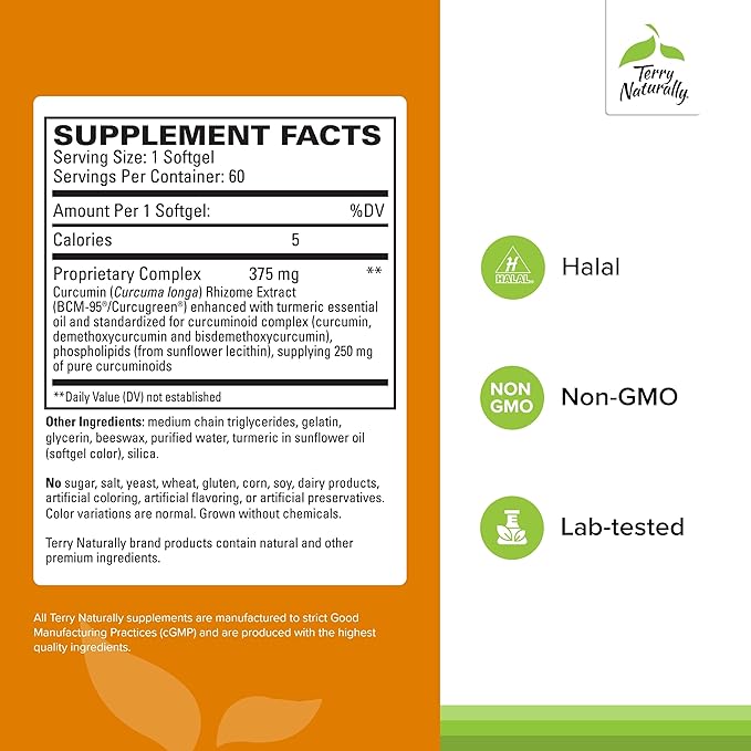 Terry Naturally CuraMed 375mg - Antioxidant Supplement for Brain &amp Immune Health Support - Dietary Supplement with Curcumin &amp Turmeric Essential Oil - Herbal Liver Support - 60 Softgels (Pack