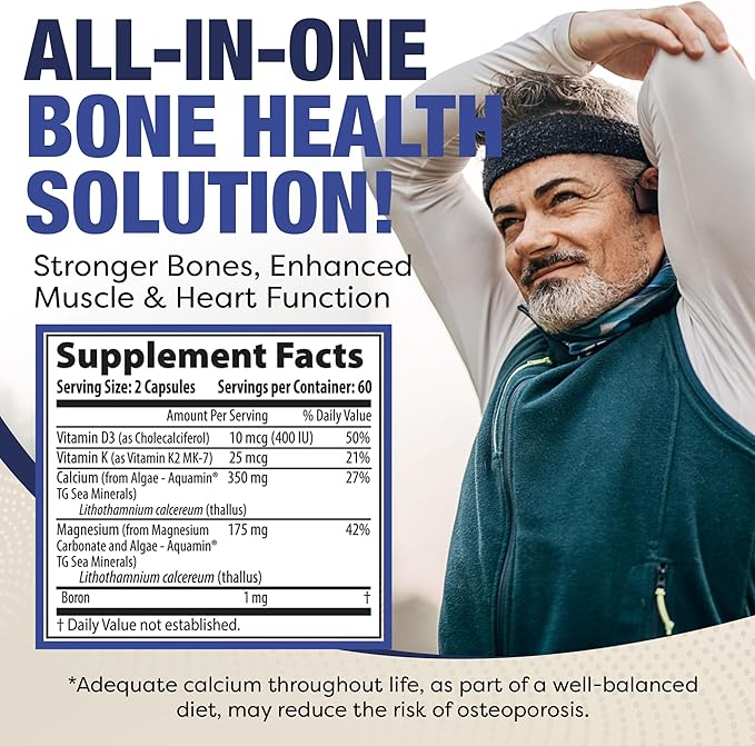 Plant Calcium &amp Magnesium Supplement with Boron Vitamin D3 &amp K2 MK-7 - Optimal Calcium-Magnesium Ratio for Bone Strength and Health Vegan Non-GMO Allergen-Free 120 Capsules