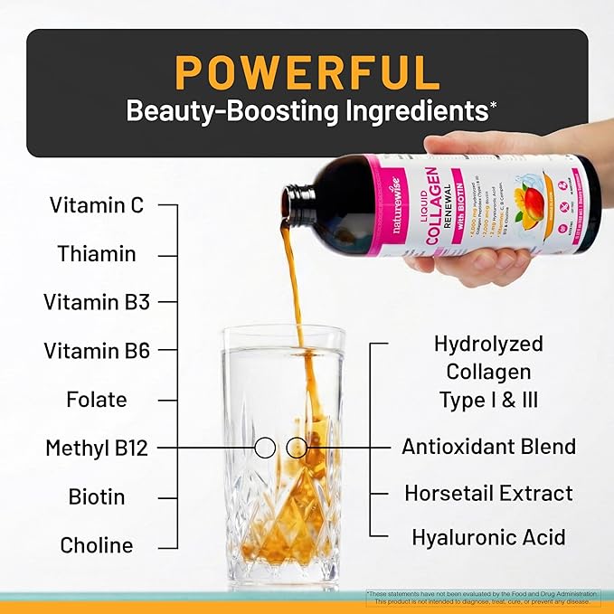 NatureWise Hydrolyzed Liquid Collagen for Women &amp Men 4000mg - No Added Sugar - Multi Collagen Peptides + Biotin + Vitamin C + Vitamin B Complex &amp Hyaluronic Acid - Mango - 15.22 fl oz[45 Day
