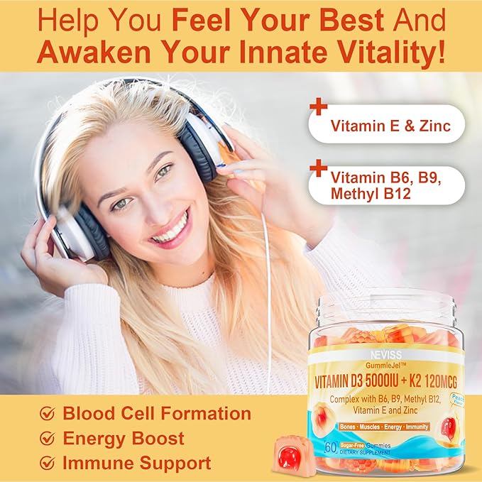 NEVISS Vitamin D3 5000IU + K2 (MK-7) 120mcg Filled Gummies + Vegan Omega 3 Gummies 1000mg