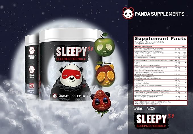 Underground Bio Labs Panda Supps – Sleepy 3.0 Natural Sleep Aid Formula: 5mg Melatonin 300mg GABA Chamomile Extract (Green Apple 30 Servings)