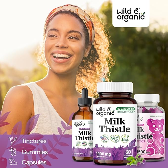 Wild &amp Organic Milk Thistle Capsules 1000mg - Liver Support Supplement - Silymarin Milk Thistle Powder for Liver Cleanse - 60 Vegan Capsules - 1-Month Supply - No Fillers Non-GMO