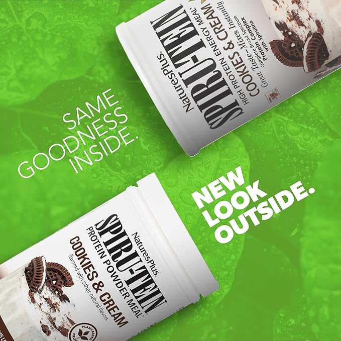 NaturesPlus SPIRU-TEIN Cookies &amp Cream - 1.15 lbs - Plant-Based Protein Shake - Non-GMO Vegetarian Gluten Free - 15 Servings