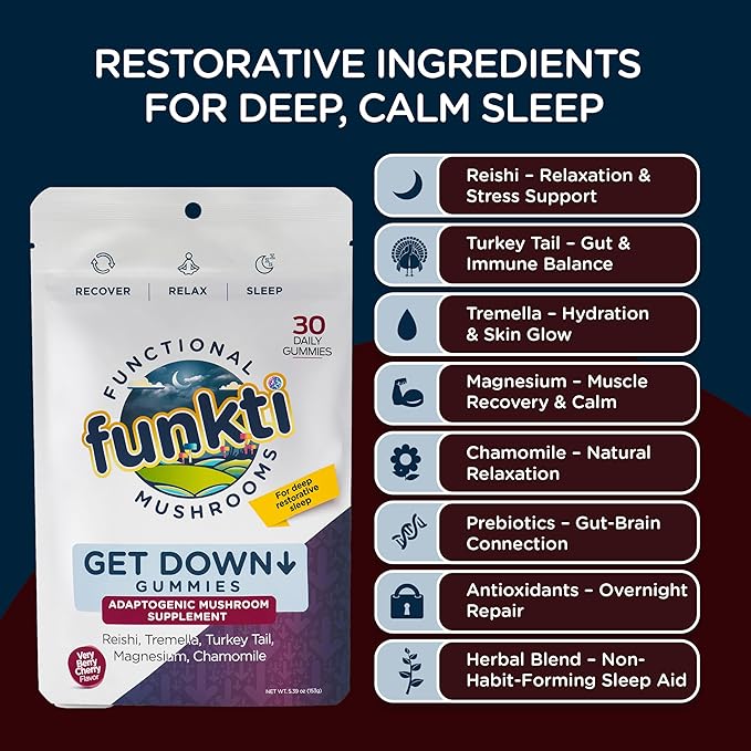 Mushroom Sleep Gummies Melatonin-Free Restful Sleep &amp Stress Relief Support with Reishi Tremella Turkey Tail Magnesium Chamomile Get Down Gummies - 30 Servings