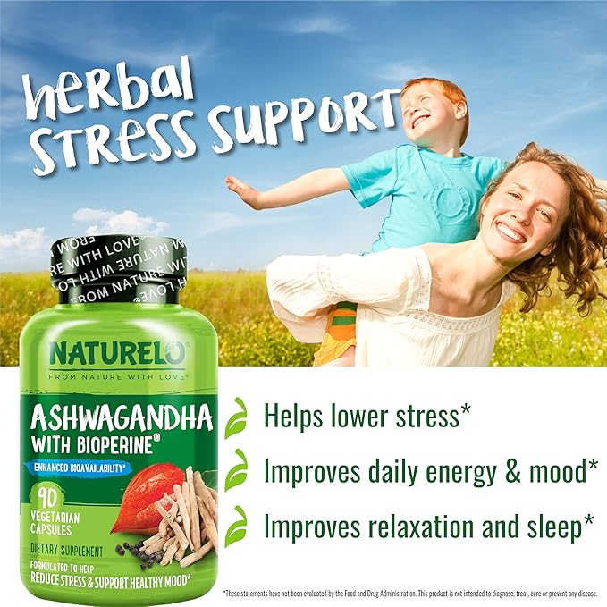 NATURELO Ashwagandha Organic Root Powder - Natural Herbs Supplement for Fatigue Stress Relief Mood Enhancer - with Black Pepper Extract - 90 Vegan Capsules
