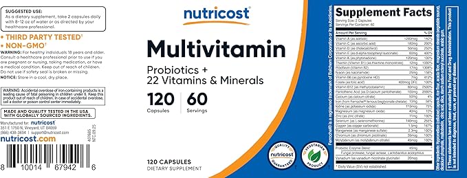 Nutricost Multivitamin with Probiotics 120 Vegetarian Capsules - Packed with Vitamins &amp Minerals (Pack of 2)