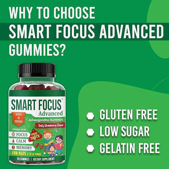 Kids Focus Gummies with Calm Ashwagandha Supplements for Kids &amp Teens – Calm Gummies for Attention Memory &amp Relaxed Sleep – Natural Strawberry Flavor – 60 Gummies