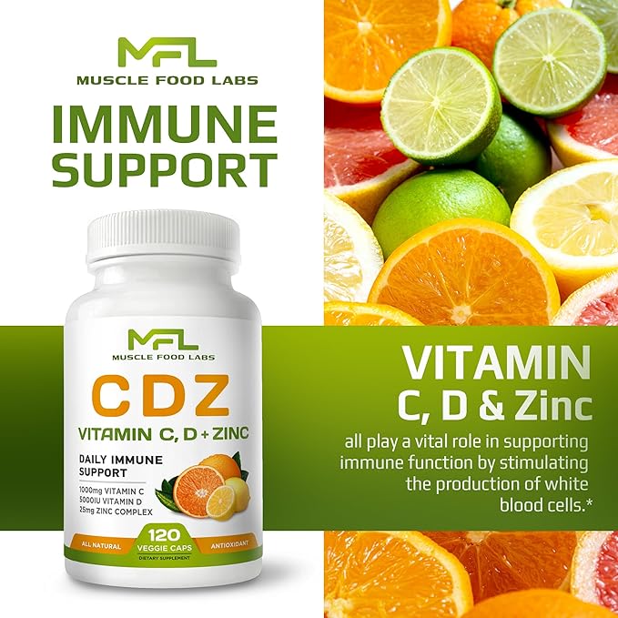 C D Z | Vitamin C 1000mg | Vitamin D3 125mcg | Zinc 25mg | Non-GMO &amp Gluten Free | 120 Vegetarian Capsules | 120 Servings