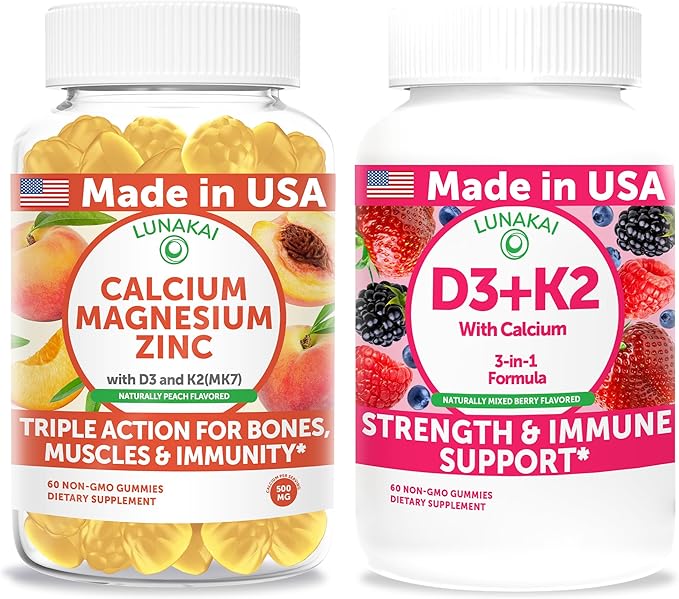 Lunakai USA Made Calcium Magnesium Zinc + D3 + K2 Gummies Bundle – Naturally Flavored Non-GMO – 60ct Each