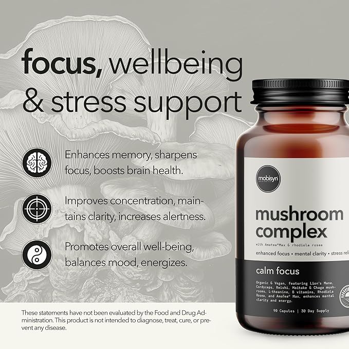 Organic Body &amp Mind Supplement: Astaxanthin with Turmeric Curcumin Antioxidant Powerhouse and Organic Mushroom Nootropic Adaptogen for Calming Focus