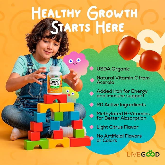 LIVEGOOD Organic Children’s Multivitamin Gummies Kids Multivitamin Vitamin D for Toddlers and Children Organic Kids Chewable Vitamins for Immunity Growth and Energy (60 Count)