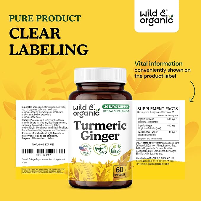 Wild &amp Organic Turmeric and Ginger Supplement Capsules - Mobility &amp Immune Support - Ginger and Turmeric Supplements with Black Pepper - 30 Days of Supply - Vegan No Fillers Non-GMO - 60 Cou