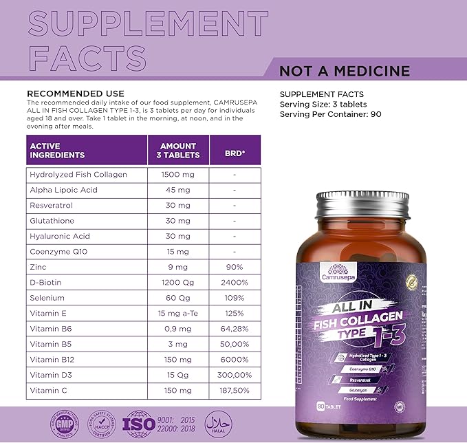 All in Fish Collagen Type 1-3 – Marine Collagen Tablets with Hyaluronic Acid Resveratrol Glutathione Selenium Zinc &amp Vitamins – Hair Skin Joint &amp Nail Support – 90 Tablets
