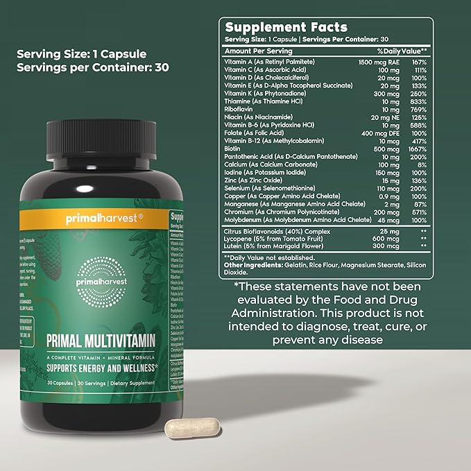 Primal Harvest Primal Multivitamin - Daily Multi-Vitamin Supplement with 21 Essential Vitamins &amp Minerals for Women &amp Men - Vitamin A C D E B12 B6 Biotin Folic Acid Zinc Copper &amp