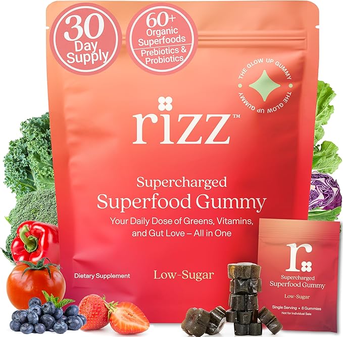 Rizz Low Sugar Green Gummies - 60+ Superfoods 6g Fiber - Prebiotic and Probiotic Gummies - Vegan Multivitamins for Women &amp Men - Gluten Free - Mushroom Fruit and Vegetable Supplements - 30 Day Su