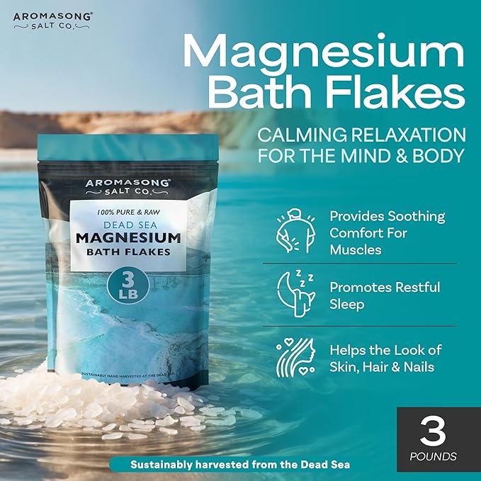 Aromasong Ultimate Magnesium Bundle: 3lb Dead Sea Magnesium Flakes + 100% Pure Dead Sea Magnesium Oil Spray for Relaxation and Wellness
