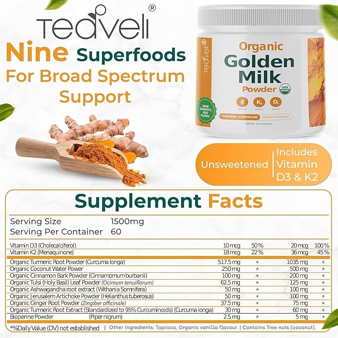 Organic Golden Milk Powder with Vitamins D3 &amp K2 Turmeric Ginger Curcumin Cinnamon KSM66 Ashwagandha Holy Basil &amp Natural Prebiotics– Delicious Unsweetened Turmeric Tea Latte - 3 Pack