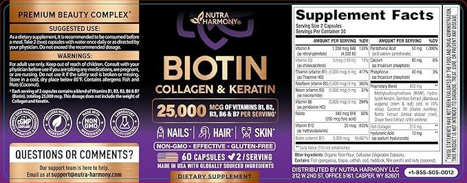 NUTRAHARMONY Biotin | Collagen | Hyaluronic Acid | Keratin - Support Normal Hair Growth Cycle - Skin &amp Nails - 25000mcg Vitamins B1 B2 B3 B6 &amp B7 - for Women &amp Men - Made in USA | 60 Ca