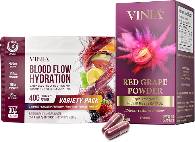 VINIA Piceid Resveratrol Capsules &amp Electrolyte Hydration Sampler Pack | Boost Blood Flow &amp Circulation | Red Grape Polyphenols | Non-GMO 60 Caps + 30 Sticks