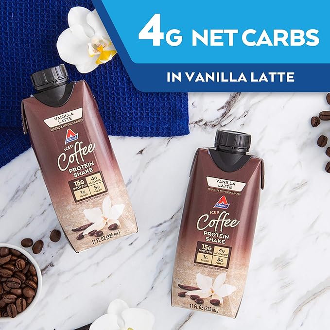 Atkins Mocha Latte Iced Coffee Protein Shake &amp Iced Coffee Vanilla Latte Protein Shake 15g Protein Low Glycemic 4g Net Carb 1g Sugar Keto Friendly 3 PACK