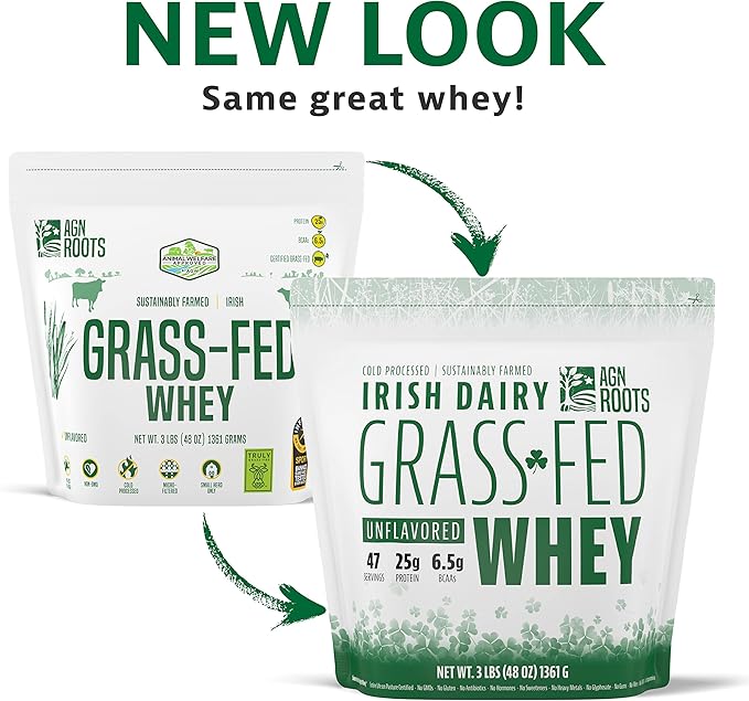 AGN Roots Grass Fed Whey Protein Powder Isolate - Unflavored - Unsweetened - Certified Entire Life On Pasture - A Greener World - ASPCA Registered Brand List - Informed-Sport - 3lbs