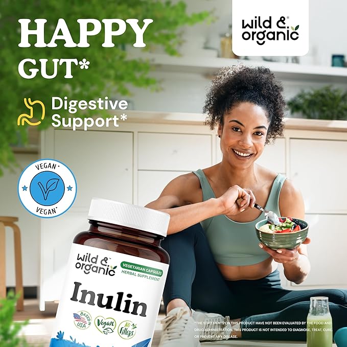 Wild &amp Organic Inulin Prebiotic Fiber Capsules 1400 mg - Digestive &amp Gut Support - Chicory Root Inulin Powder Supplement - Vegan No Fillers Non-GMO - 60 Count