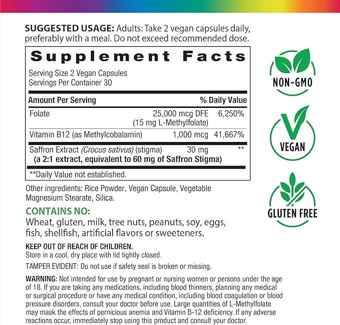 Rainbow Light L-Methylfolate 15 mg | 60 Capsules | with Methyl B12 &amp Saffron | Helps Maintain a Positive Mood | Vegan Non-GMO and Gluten Free Supplement