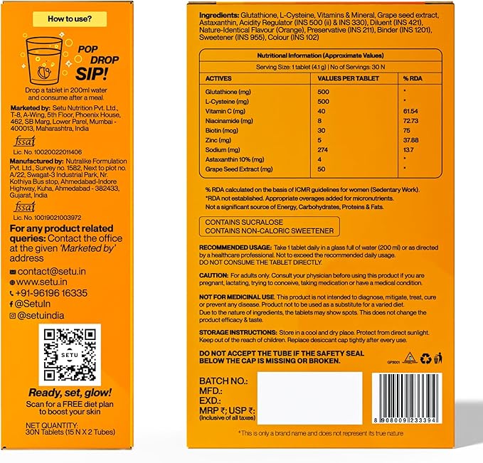 SETU Glutathione Effervescent Tablets with 500mg L-Glutathione &amp Vitamin C | Sugar-Free Antioxidant Supplement | Mixed Berry &amp Orange (Pack of 6) | 90 Tablets