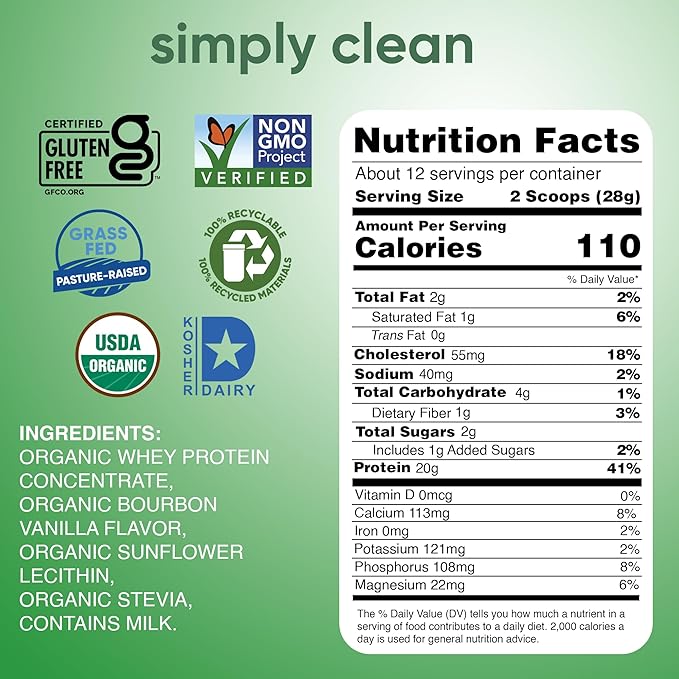 simply tera's Organic Whey Protein Powder - Grass Fed Vanilla Whey Protein Powder Clean Made Without Artificial Sweeteners Non-GMO Kosher rBGH-Free Organic - 12 Oz