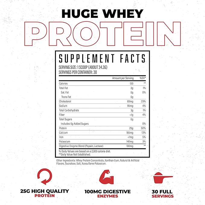 Huge Whey Protein Powder for Muscle Gain 25g Protein 12g EAAs Supports Muscle Growth Performance &amp Recovery (White Chocolate Raspberry 30 Servings)