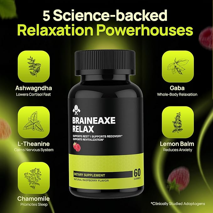Brainaxe Relax Sleep Support Gummies for Adults – Melatonin-Free Natural Sleep Gummies Raspberry-Flavored Gummies Vegan Gluten-Free Non-GMO – 60 Gummies
