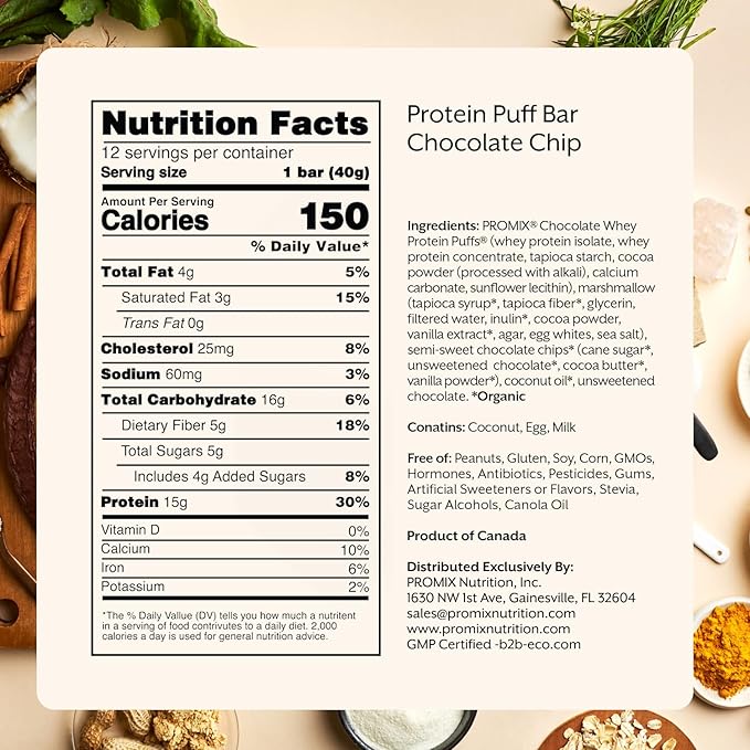 ProMix Nutrition Protein Puff Bars 12-Pack - Chocolate Chip - Marshmallow Crispy Treat - Great Tasting &amp Healthy On The Go Snack - High Protein &amp Low Calorie - Non-GMO &amp Free From Gluten