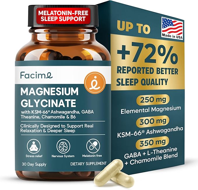 Natural Chelated Magnesium Glycinate Sleep Aid - Melatonin-Free Sleep &amp Stress Relief with KSM-66 Ashwagandha GABA L-Theanine &amp Chamomile for Muscle Relaxation - Made in USA - 90 Capsules