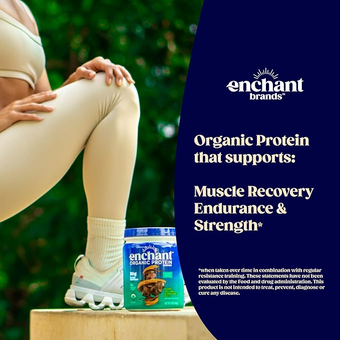 Enchant Organic Protein Powder Chocolate Peanut Butter flavor – 20g Plant Protein sourced from North American Farms 5g Prebiotic + fiber USDA Organic Non-GMO Plant-based Non-Dairy Vegan 0.91 l