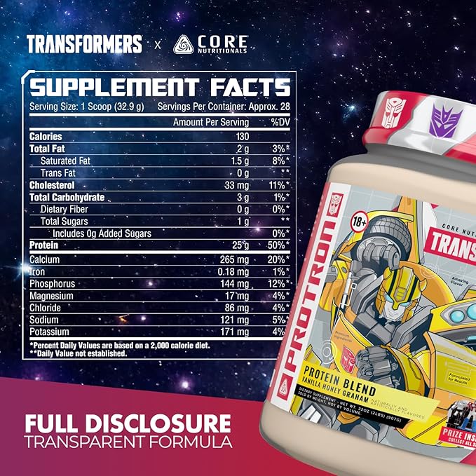Core Nutritionals Transformers Protron Protein | Whey + Casein Blend | MCTs &amp Digestive Enzymes | 25g Protein | Free Prize Inside - Starscream | 2 Pound (Milk Chocolate Cookie 'N Cream)