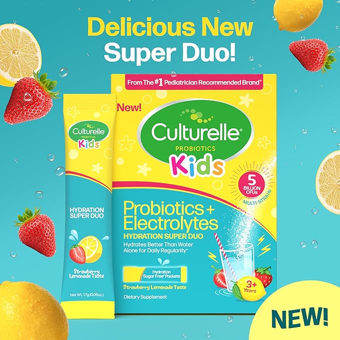 Culturelle® Kids Probiotics and Electrolytes Hydration Super Duo Strawberry Lemonade Sugar Free‡ Powder Packets for Immune and Digestive Support 30 Count