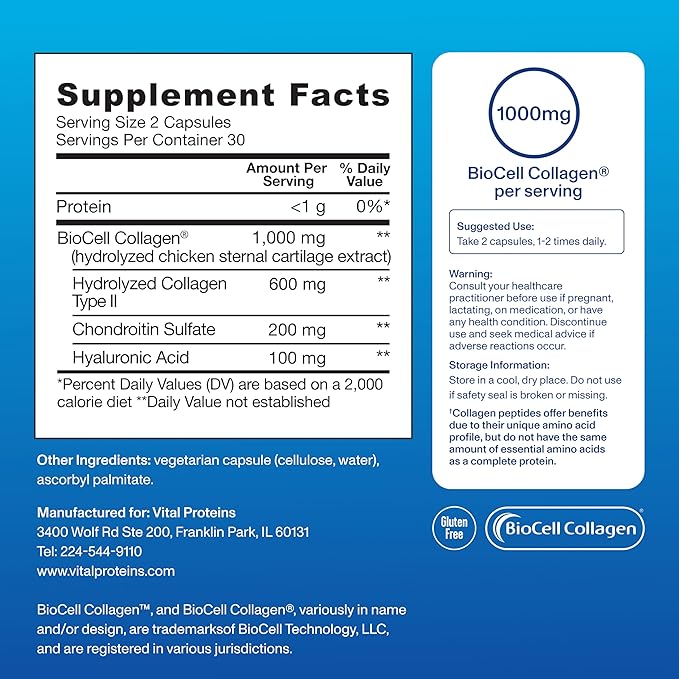 Vital Proteins® Enhanced Collagen Complex Capsules with BioCell Collagen® - Supports Skin Elasticity Joint Health and Helps Reduce Fine Lines &amp Wrinkles (1) - 60 Count