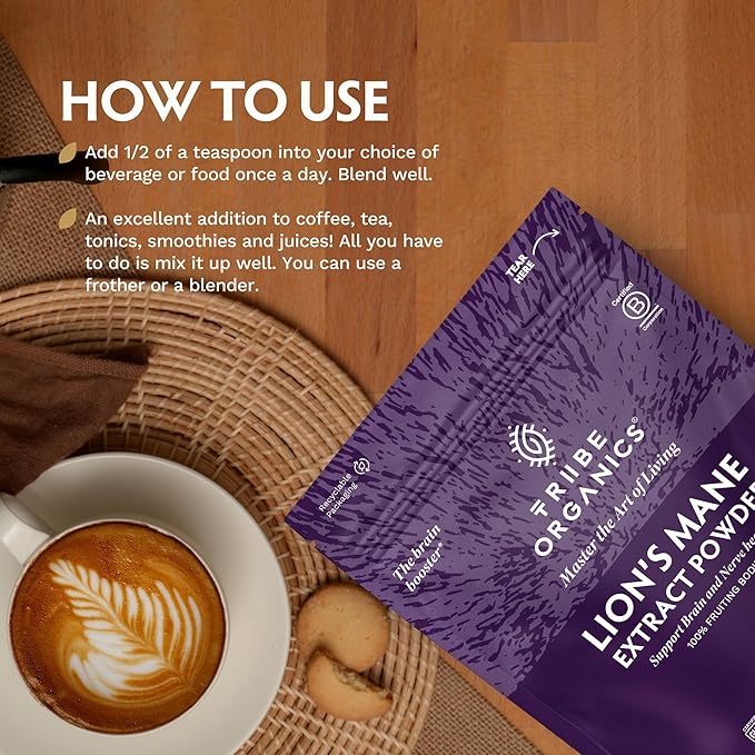 TRIBE ORGANICS Lion’s Mane Powder - Organic Mushroom Extract Powder - Immune System Booster &amp Brain Nootropic for Focus and Memory - Natural Energy and Immunity - 100g Pouch - 100 Servings