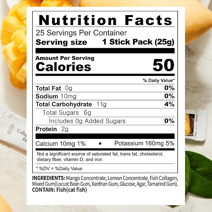WELLINUS Korean Collagen Jelly Sticks - 25 Mango Flavored Marine Collagen Peptide Snacks for Anti-Aging- Collagen Protein Sugar-Free Travel Packs for Hair &amp Nail Strength