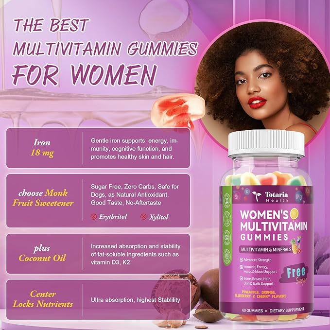 (2 Pcs) Totaria Sugar Free Multivitamin Gummies for Women 14+ w/Iron Inositol Folate Biotin Womens Daily Multivitamin Gummy w/Vitamin A C B D3 K2 for Hair Skin Energy Immune Mixed Flavors