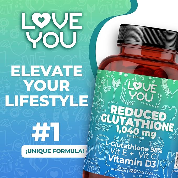 Love You Reduced Glutathione 98% Purity 1040 mg + Vitamin C E &amp D3 1804 mg Total per Serving - Intracellular Antioxidant - Supports Detoxification &amp Immune Function - 120 Veggie Caps 30 Serv