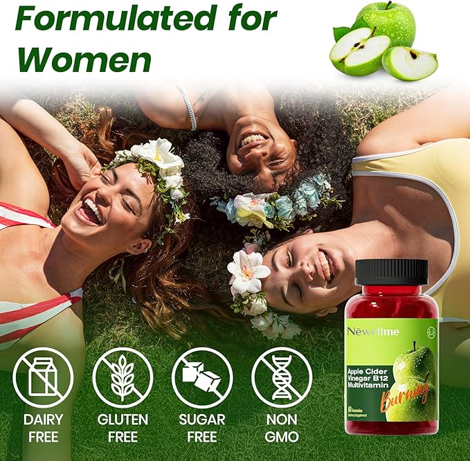 NEWELLME Sugar-Free Apple Cider Vinegar Gummies B12 MultivitaminACV Supplement Gummy VitaminsVegetarian Supplement for Women &amp MenNon GMOSupport Normal Energy Levels &amp Gut Health 120 Gummi