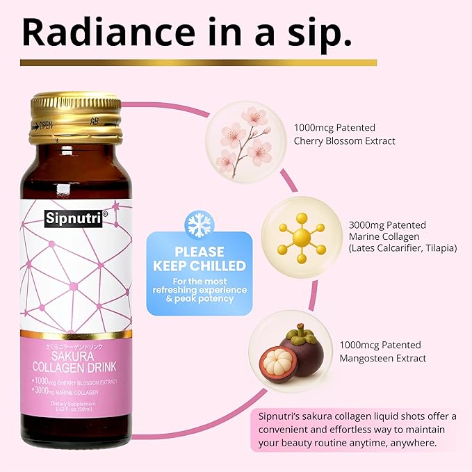 Sakura Collagen Drink - 3000mg Marine Peptides Liquid Shot for Women and Men Hydrolyzed with Cherry Blossom &amp Mangosteen Extract Supports Skin Hydration Hair &amp Nail Health – 1.69 fl oz x10