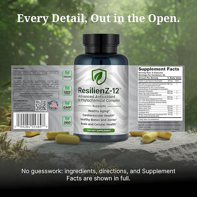 ResilienZ-12 Healthy Aging &amp Cellular Health – 12-in-1 Longevity Antioxidant Complex w/Meriva Curcumin Phytosome Sulforaphane CoQ10 EGCG Resveratrol Quercetin Tocotrienols &amp Astaxanthin