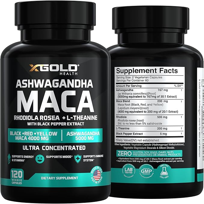 Ashwagandha 5000mg + Maca Root Black Red Yellow 4000mg Rhodiola &amp L-Theanine: 30:1 Extract Ashwagandha Capsules 20:1 Extract Maca Root Capsules - Supplement for Men and Women