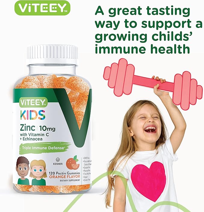 Viteey Zinc for Kids Gummies 10mg with Vitamin C &amp Echinacea - Immune Support Powerful Natural Antioxidant Kids Zinc Vitamin Supplement - Vegan Gelatin Free - Tasty Chewable Orange Flavor Gumm