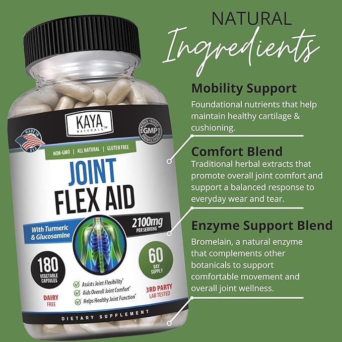 Kaya Naturals Flex Aid - Mobility Support Supplement for Men and Women - Turmeric Capsules with Glucosamine Sulfate Boswellia Serrata and MSM - for Knee Support and Mobility Health - 180 Count